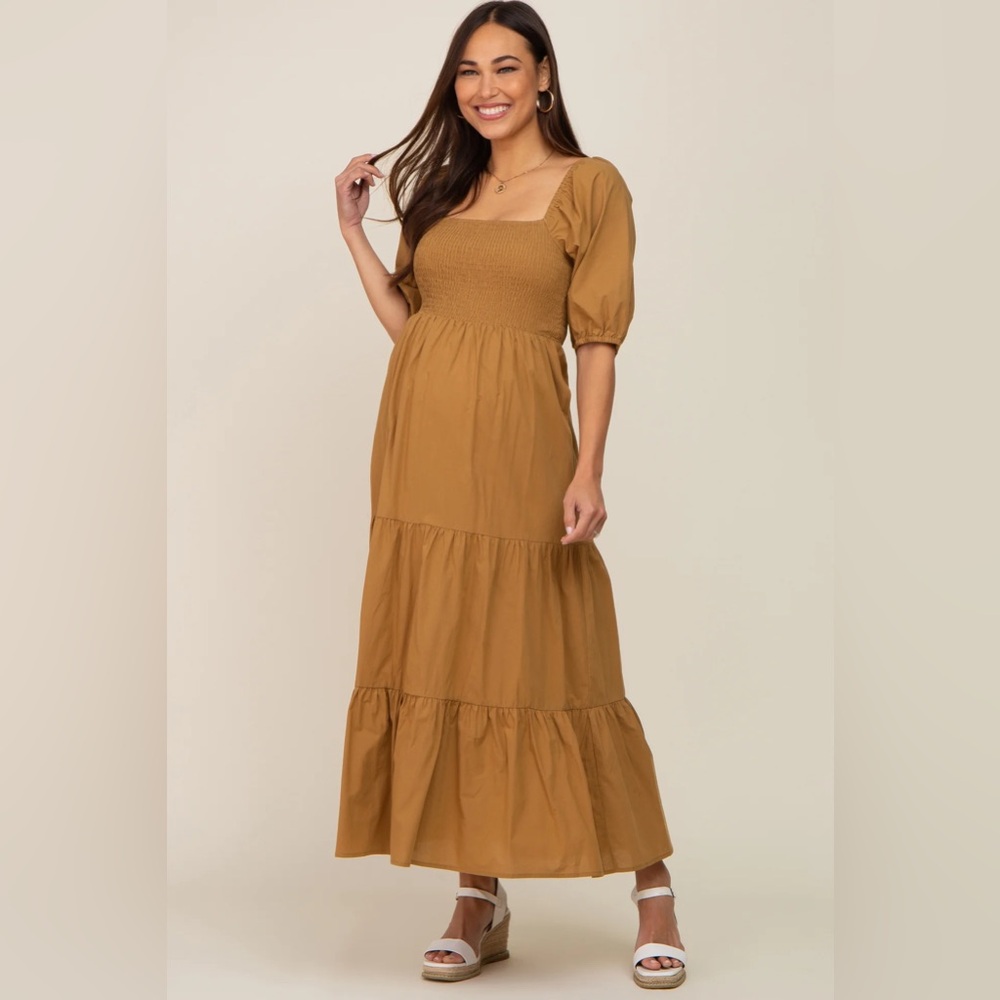 Pinkblush Maternity Camel Square Neck Smocked Tiered Maxi Dress Medium